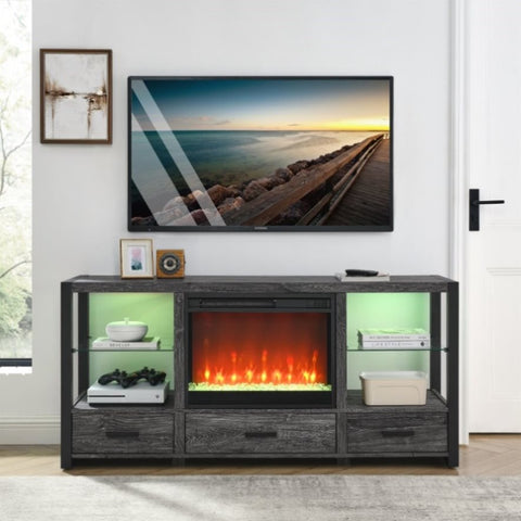 ZUN 60 Inch Electric Fireplace Media TV Stand With Sync Colorful LED Lights-Dark rustic oak color 29688266