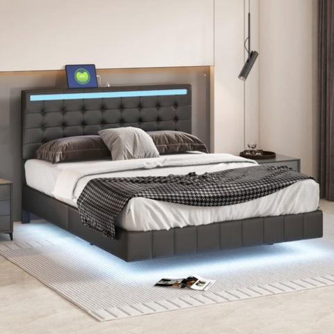 ZUN Queen Size Floating Bed Frame with LED Lights and USB Charging,Modern Upholstered Platform LED Bed WF308894AAB