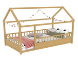 Twin Size Floor Wooden Bed with House Roof Frame, Fence Guardrails, W1858P310084