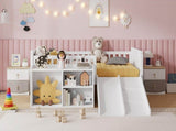 Twin Size Low Loft Bed for Kids with Slide, Movable Bookshelf Storage, Guardrails, Low Loft Bed W2593P437109