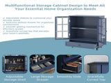 Minimalist Blue Buffet Cabinet with Double Glass Doors and Drawer, Modern Wooden Storage Sideboard W2557P307944