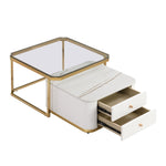 ZUN Modern 2 Pieces White Square Nesting Coffee Table with Drawers & Electroplated gold legs in 27.6'' WF325925AAK