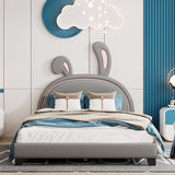 Full Size Upholstered Leather Platform Bed with Rabbit Ornament, Gray WF299139AAE