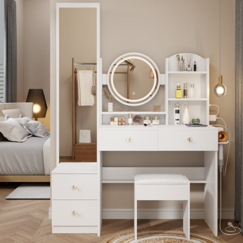 ZUN Full Body Mirror Cabinet + Round Mirror LED Vanity Table + Cushioned Stool, With 2 AC + 2 USB Power 39436395