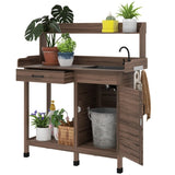 Dark Brown Outdoor Potting Bench with Storage Cabinet,Sink and Faucet ,Hooks 94600135