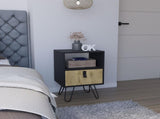 Nightstand 24"H , Sleek Design with Hairpin Legs and One Drawer, Black / Macadamia B097P167470