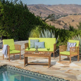 ZUN Outdoor Acacia Wood Sofa Set with Water Resistant Cushions, 4-Pcs Set, Brown Patina / Light Green 59116.00LGRN