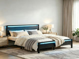Queen Size Metal Wood Platform Bed Frame, 3-Panel Black Wood Grain Headboard with LED Light & 37766245