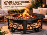 37in Round Double-Layer Wood- Pit with Mesh Grate, Black, with Attached Table Top 03927709