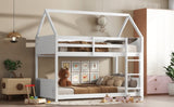 Twin Over Twin House Floor Bed with Headboards, Footboards and Guardrails, Ladder, Rubber Wood W504P227972