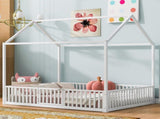 Full Size Metal House Bed with Fence and Door, White MF315933AAK