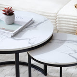 Set 2 Coffee Table Nesting White and gray top Black Frame Circular Round and Marble Pattern Wooden 45806374