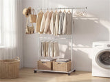Extendable Double Rod Metal Clothing Rack with Wheels, Adjustable Height Garment Rack 14665782