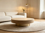 31.88 inch Round Travertine Coffee Table, Modern Drum Coffee Table with Champagne Gold Metal W5230P567203