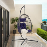 ZUN Outdoor Garden Rattan Egg Swing Chair Hanging Chair Dark Blue Cushion W874126289