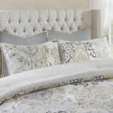 8 Piece Cotton Floral Printed Reversible Comforter Set Yellow Queen B03597283