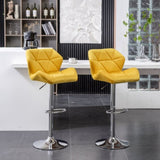 Breni Velvet Diamond Tufted Swivel Adjustable Height Barstool, Set of 2, Yellow T2574P164873
