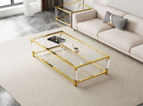 Modern Acrylic Leg Coffee Table, Double Layer Tempered Glass Top with Golden Metal Frame, W1727P194947