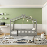 Full Size Wood Bed House Bed Frame with Fence, for Kids, Teens, Girls, Boys,Gray WF302177AAE