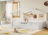 Twin Size Floor Bed with Guardrails and Roof, Kids House Floor Bed with a Small Built-in Tray and W1580P396330