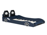Wood Twin Size Race Car-Shaped Platform Bed with LED and Upholstered Backrest, Blue 38200943
