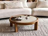 33.46" Round Coffee Table with Silver Mirrored Top, Solid Wood Frame & Cylindrical Legs, Mid-Century W3158P534695