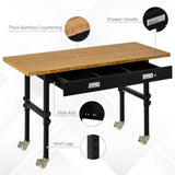 ZUN 59" Garage Work Bench with Drawer and Wheels, Height Adjustable Legs, Bamboo Tabletop Workstation 83658892