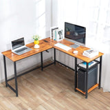 ZUN L-Shaped Desktop Computer Desk with Power Outlets & Shelf Tiger wood 19002762