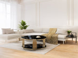 Modern Black Mirror Coffee Table, Asymmetrical Metal, Circular Metal Drum Base, Gold Finish & Lower N735P177478B