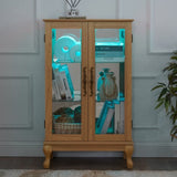 Elegant Light Oak Curio Cabinet with Tempered Glass Doors, LED Light, Mirrored Back Panel & W1758P290028