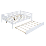 Full Size Wood Daybed with Trundle and Fence Guardrails, White WF301863AAK