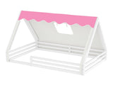 Full Size House Floor Bed with Tent and Light, Solid Wood Teepee Floor Bed with Full-length W1580P369467