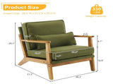 Mid-Century Oak Accent Chair - Linen-Cotton Forest Green Upholstered Single Lounge Chair, Indoor 45317043