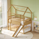 House Bunk Bed with Convertible Slide and Ladder, Floor Bunk Bed Twin Over Twin with Safety W1858P241096