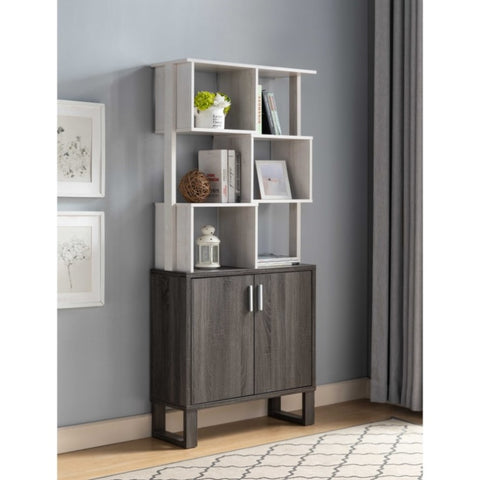ZUN Multi-Level Display Cabinet, Two Door Storage Cabinet with Shelving- White Oak & Distressed Grey B107130936