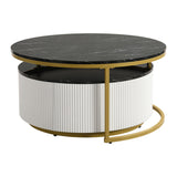 Modern Round Nesting Coffee Table Fluted with Drawer in Black & Gold in 27.6" N735P254992B