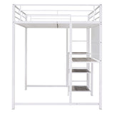 ZUN Full Size Loft Bed with Desk and Whiteboard, Metal Loft Bed with 3 Shelves and Ladder, White 62617184