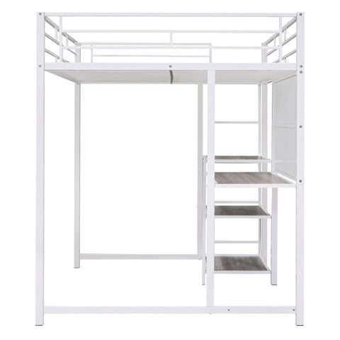 ZUN Full Size Loft Bed with Desk and Whiteboard, Metal Loft Bed with 3 Shelves and Ladder, White 62617184