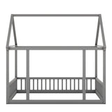 Full Size Floor Wooden Bed with House Roof Frame and Safety Guardrails ,Gray W1580P172925