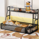 ZUN Twin Size Floor Bed Frame with Safety Fence, Metal Floor Bed with Desk and Storage Shelves, W1580P240068