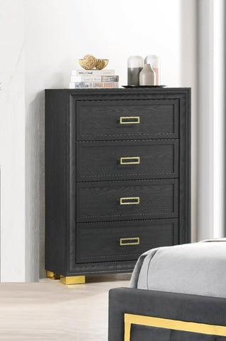 ZUN Glamorous 1pc Modern Glam Style 4-Drawer Chest Dark Gray Gold Finish Gold-colored Hardware Bedroom B011P207450