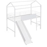 Metal House Bed With Slide, Twin Size Metal Loft Bed with Two-sided writable Wooden Board MF294384AAK