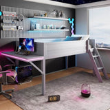Wood Twin Size Gaming Loft Bed with Desk and LED, Grey N709P236479E