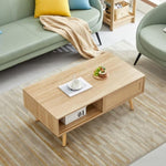 ZUN 41.34" Rattan Coffee table, sliding door for storage, solid wood legs, Modern table for living room W126573113