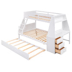 ZUN Twin over Full Bunk Bed with Trundle and Built-in Desk, Three Storage Drawers and Shelf,White 26505764