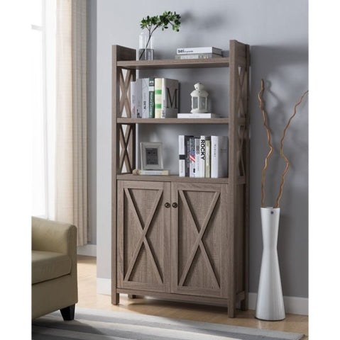 ZUN Antique Wooden Crosshatch Display Cabinet, Home Storage Cabinet Two Shelves, Two Door- Dark Taupe B107130843