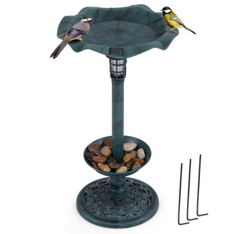 ZUN Green Standing Pedestal Birdbath and Feeder Combo with Solar Powered Lamp 50023949