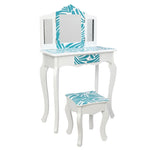 ZUN Three-Fold Mirror Single-Drawing Curved Foot Children Dressing Table Blue Zebra 96283293