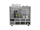 32" H white bar- coffee cart, Kitchen or living room cabinet storage with 4 wheels, with 8 bottle B097133141