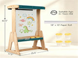 Kids Double-Sided Art Easel with Sun Canopy, Solid Fir Wood Drawing Board with Paper Roll & Paint 13005106
